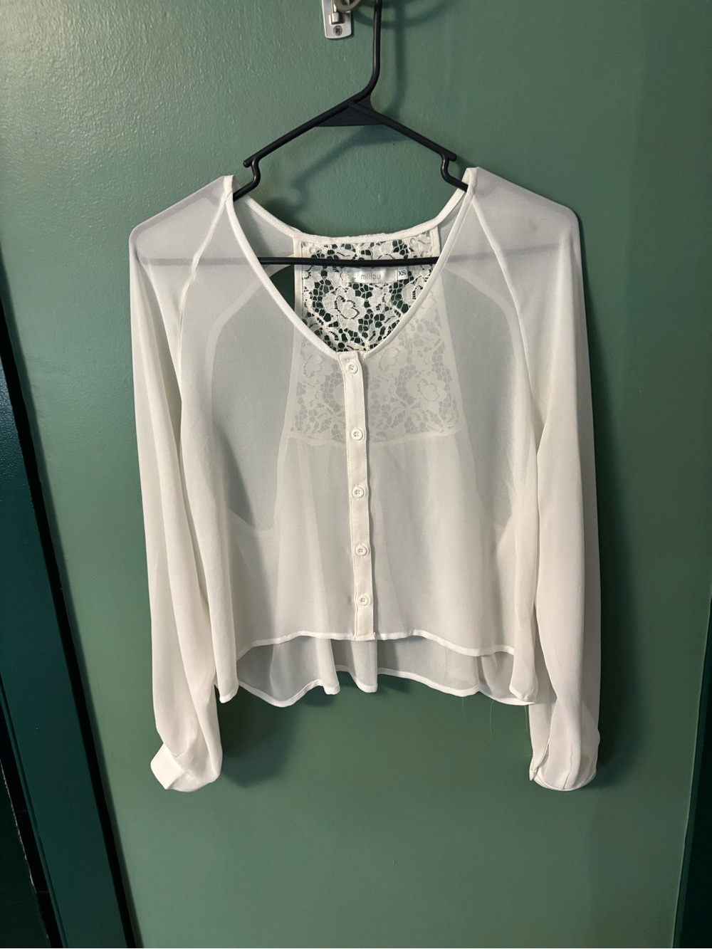 Millau Ivory Sheer Button-Up Blouse with Lace Yoke